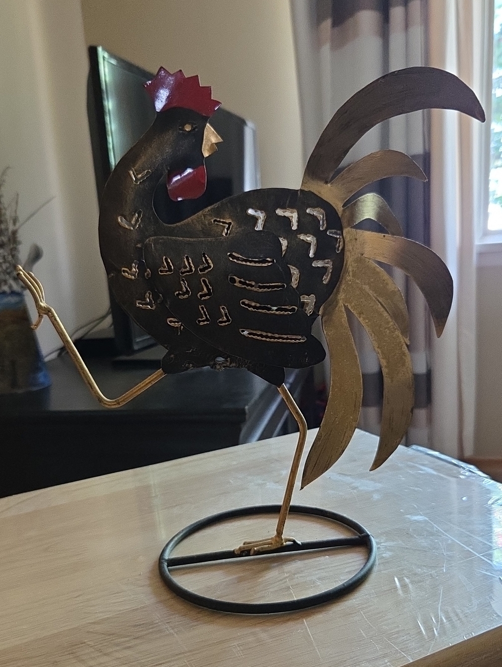 Handcrafted Metal Rooster Sculpture - Black and Gold Accent